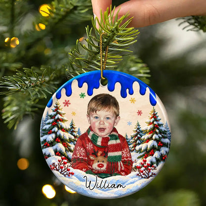 Christmas Gift For Kids Family - Personalized Custom Photo & Name Kid Portrait In Snowy Forest With Paint Drip Circle Ceramic Ornament
