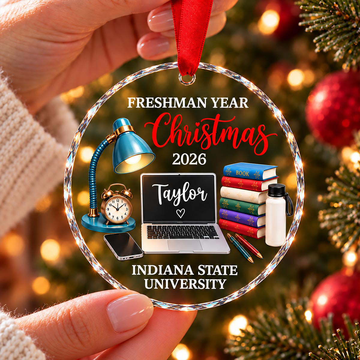 Freshman Year Christmas Study Desk – Personalized Glass Ornament – College Student Christmas Gift, First Year Keepsake