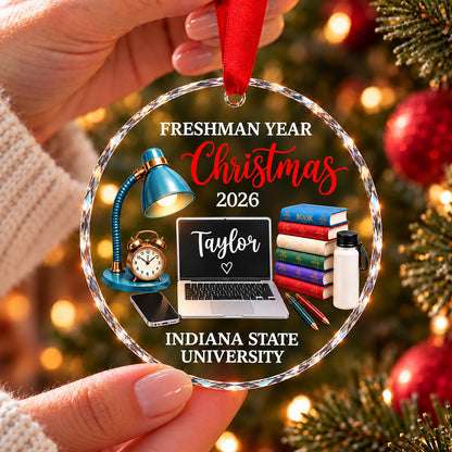 Freshman Year Christmas Study Desk – Personalized Glass Ornament – College Student Christmas Gift, First Year Keepsake