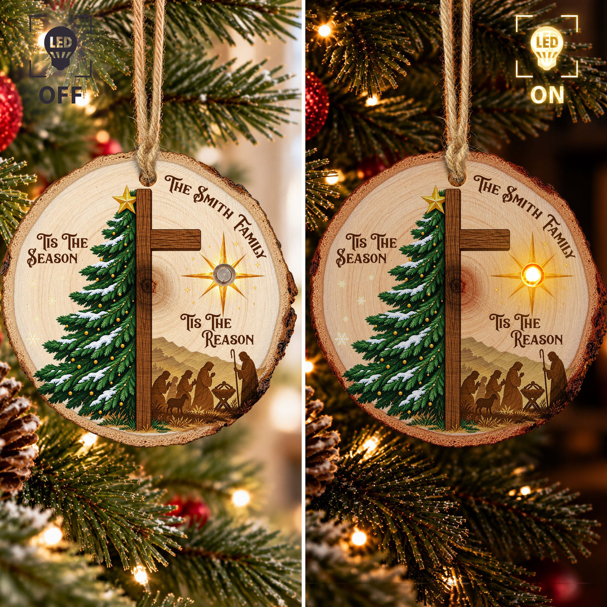 Tis The Season Tis The Reason - Nativity Scene Christian Light Up - Personalized Ornament