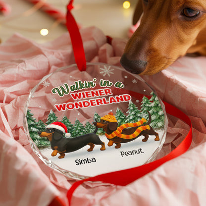 Christmas Dachshunds Walking In A Wiener Wonderland - Personalized Glass Ornament