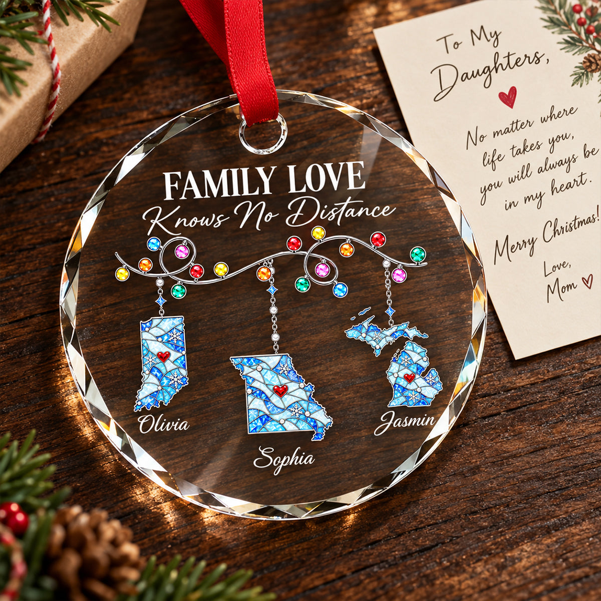 Family Love Knows No Distance - Personalized Glass Ornament - Togetherness Christmas Gift for Sisters, Children