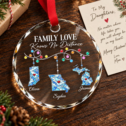 Family Love Knows No Distance - Personalized Glass Ornament - Togetherness Christmas Gift for Sisters, Children