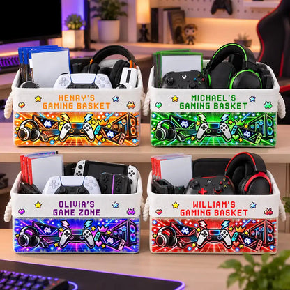 Gift For Gaming Lovers Son Teen Boy - Personalized Name Neon Gaming Basket Storage Basket