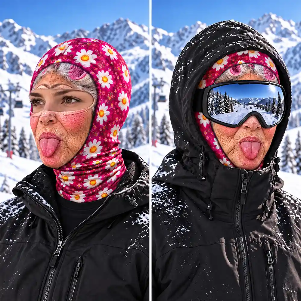 Winter Skiing Gag Gift For Bestie, Girl Group - Personalized 3D Realistic Funny Old Lady Face Balaclava Face Mask