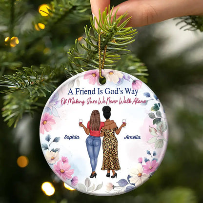 Christmas Besties Entertained By Us As Us - Personalized Floral Circle Ceramic Ornament