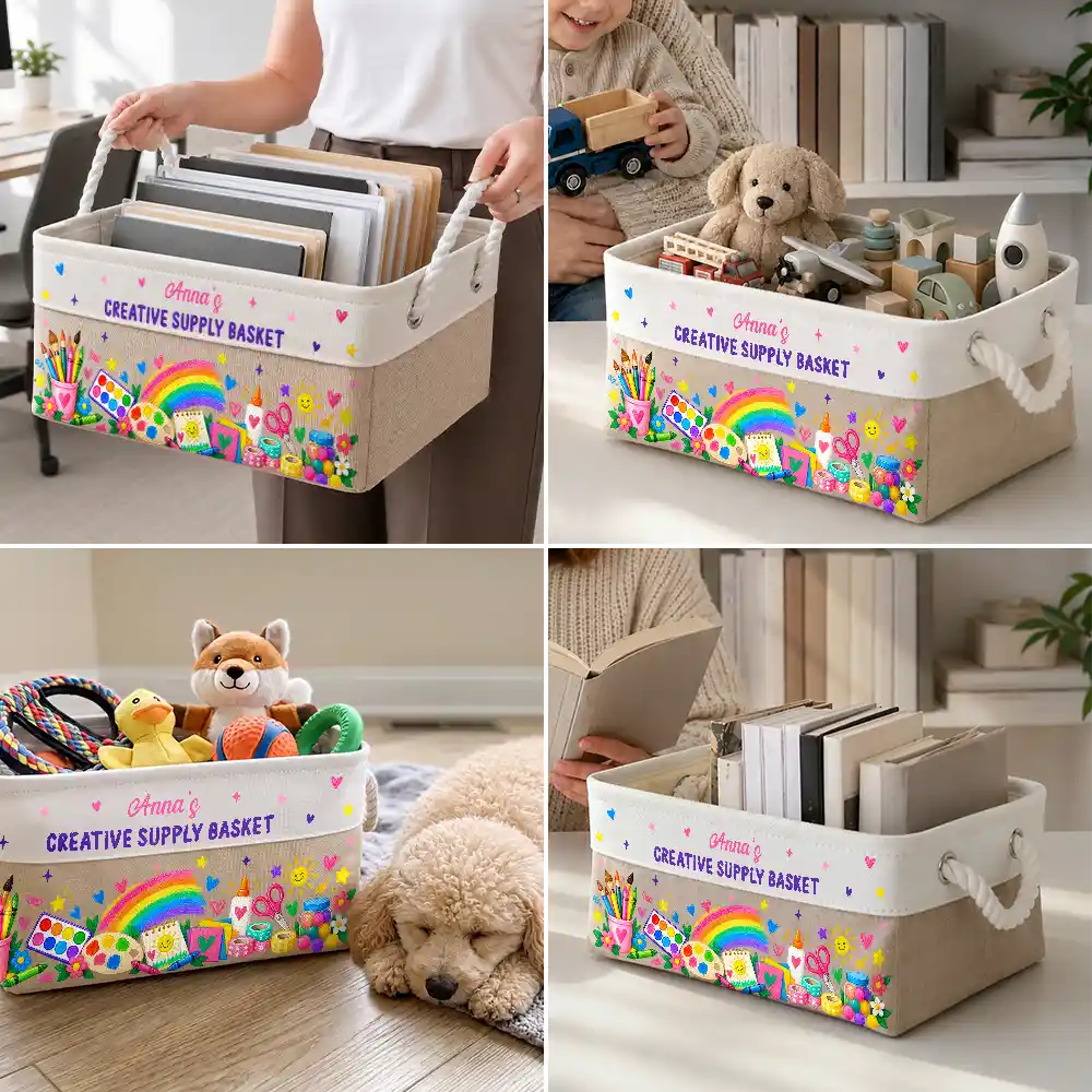 Gift For Kids Grandkids - Personalized Name Art & Scraft Supplies With Rainbow Storage Basket