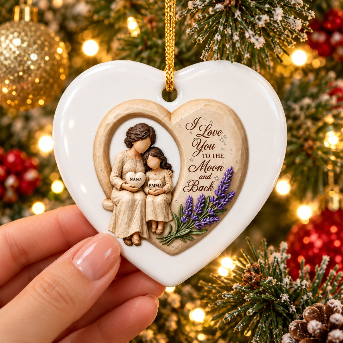 Grandma Loves to the Moon and Back - Personalized Ceramic Ornament - Christmas Gift for Granddaughter Grandson