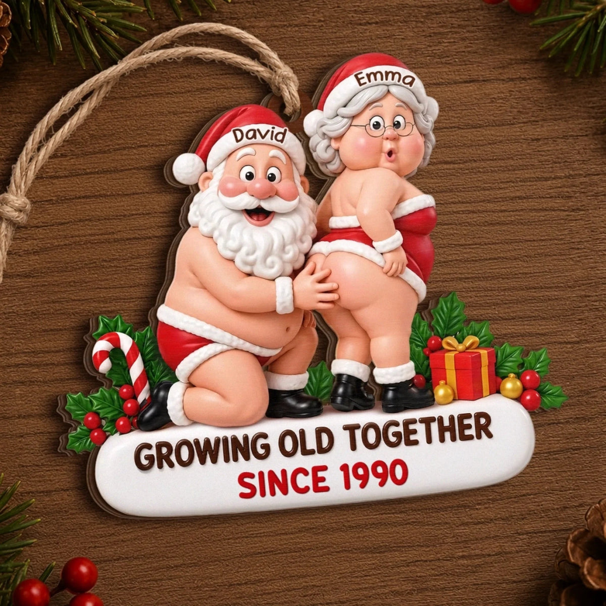 Custom Funny Growing Old Together Christmas Decor - Personalized Wooden Ornament