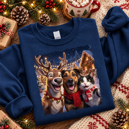 Dog Cat Selfie with Reindeer - Personalized Shirt - Funny Christmas Gift for Pet Lovers