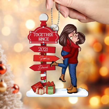 Christmas Couple Kissing Sign Personalized 2-Layer Wooden Ornament