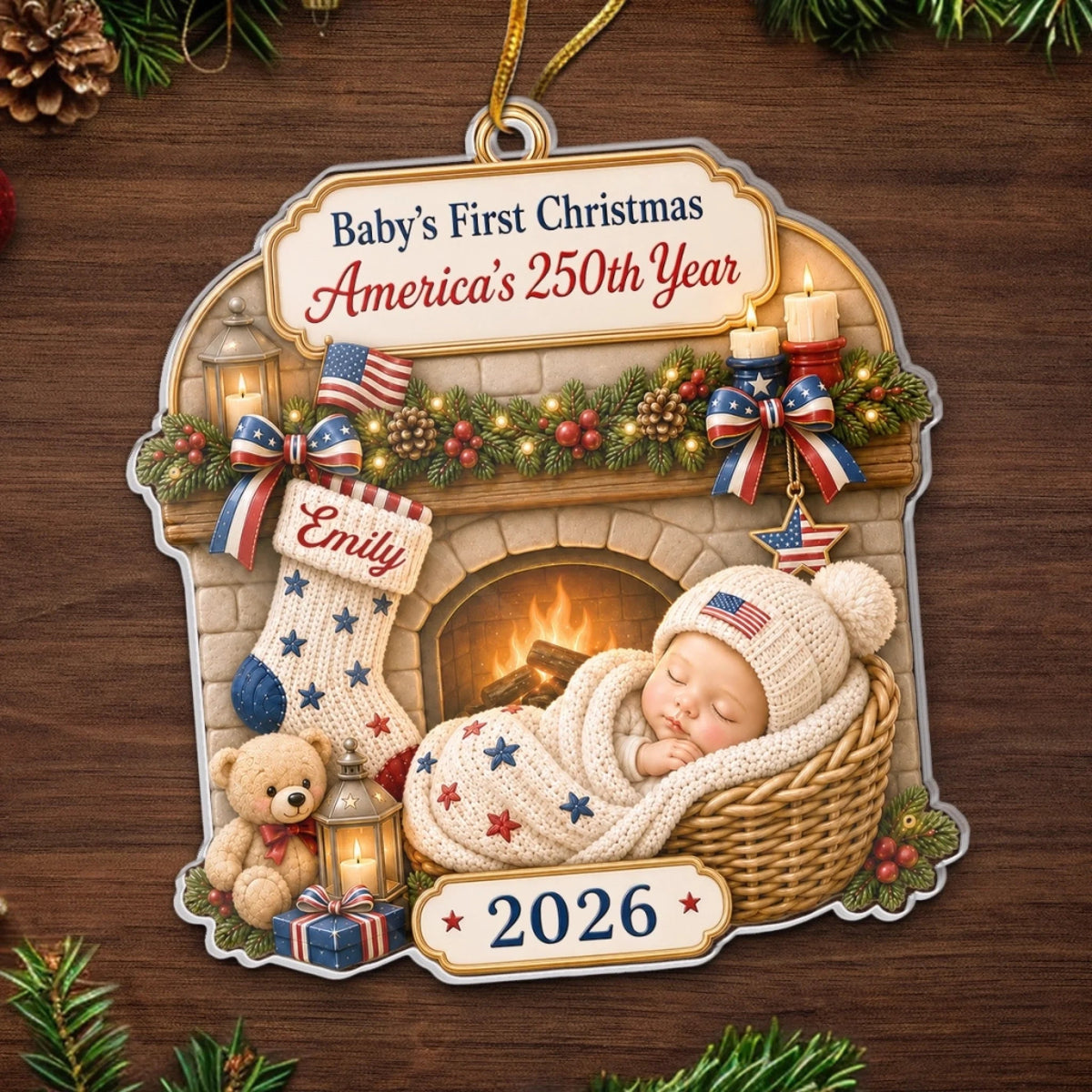 Custom First Christmas Acrylic Ornament - Personalized America 250th Anniversary Christmas Gifts For New Moms, New Dads, New Parents - Tiny Star Big History
