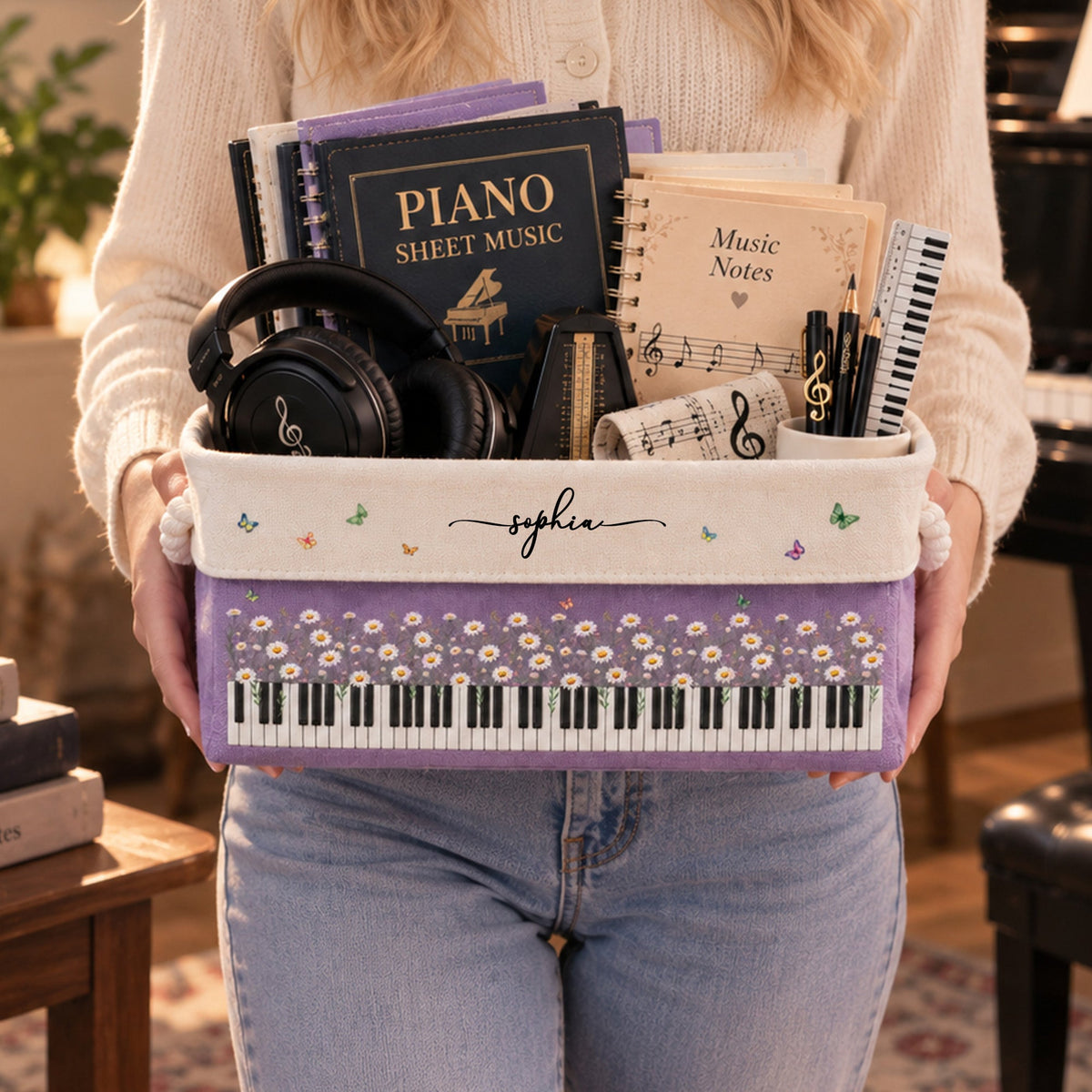 Piano, Keyboard, Custom Birth Flower & Name - For Pianist, Piano Lovers - Personalized Storage Basket