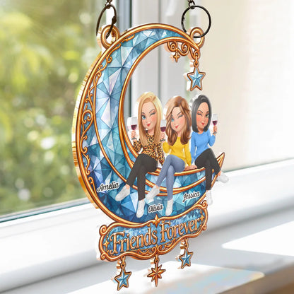 Best Friend Keepsake - Personalized Besties Forever Sitting On Moon Window Hanging Suncatcher Ornament
