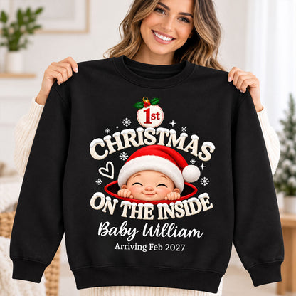 1st Christmas On The Inside Baby - Personalized Shirt - Christmas Pregnancy Announcement Gift For Mom To Be, Expecting Mom