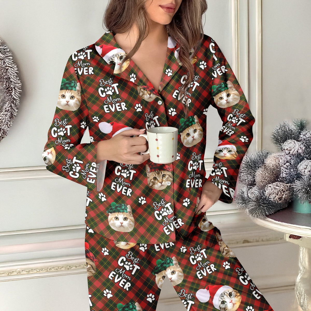 Custom Cat Face Cute Best Cat Dad Ever Christmas Pajamas LM32 895751