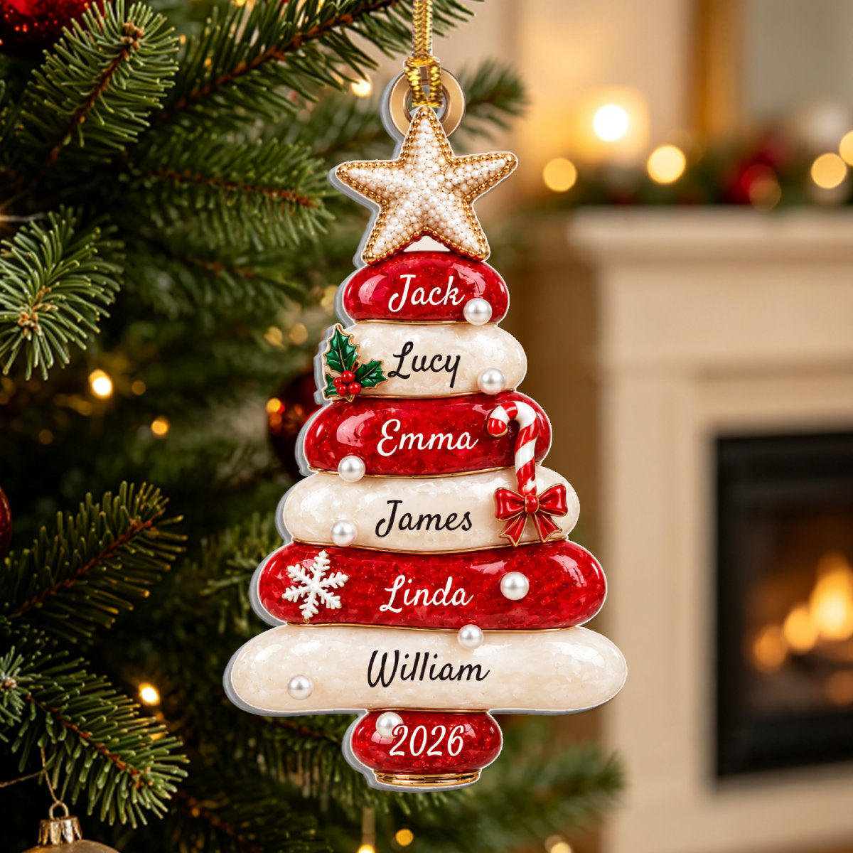 Red Sea Glass Family Tree Name - Personalized 3D Relief White Acrylic Ornament