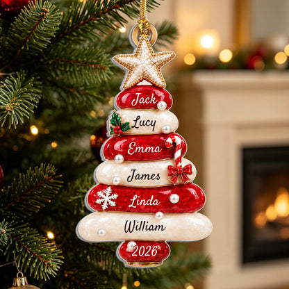 Red Sea Glass Family Tree Name - Personalized 3D Relief White Acrylic Ornament