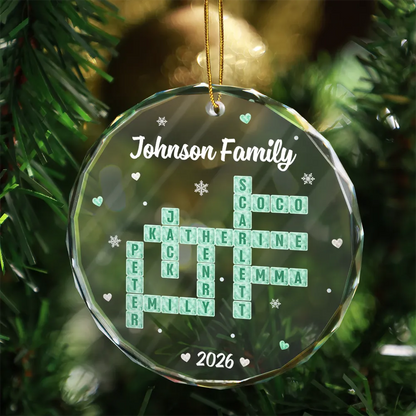 Christmas Gifts For Family - Personalized Crossword Sea Glass Family Name Circle Glass Ornament