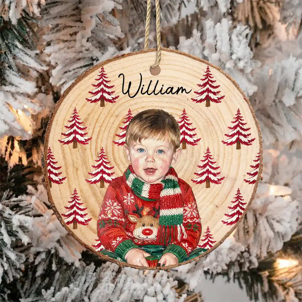 Christmas Gift For Kids Family - Personalized Custom Photo & Name Kid Portrait With Pine Tree Snowflake Wood Slice Ornament