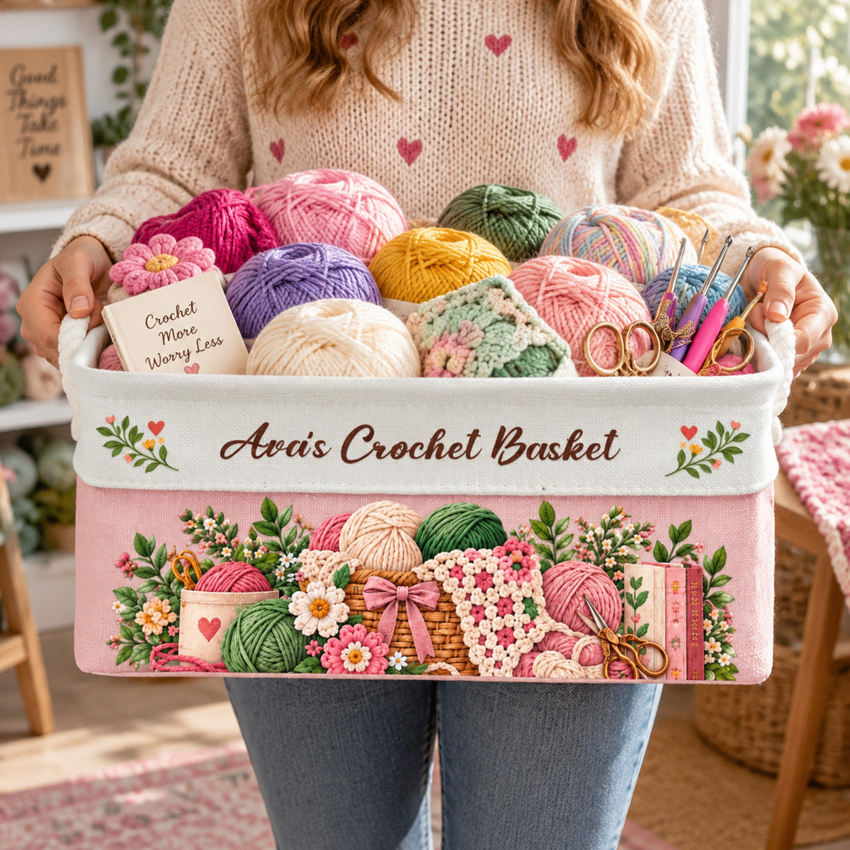 Crochet Lovers, Knitting Lovers Basket For Her, Mom, Grandma, Daughter - Personalized Storage Basket