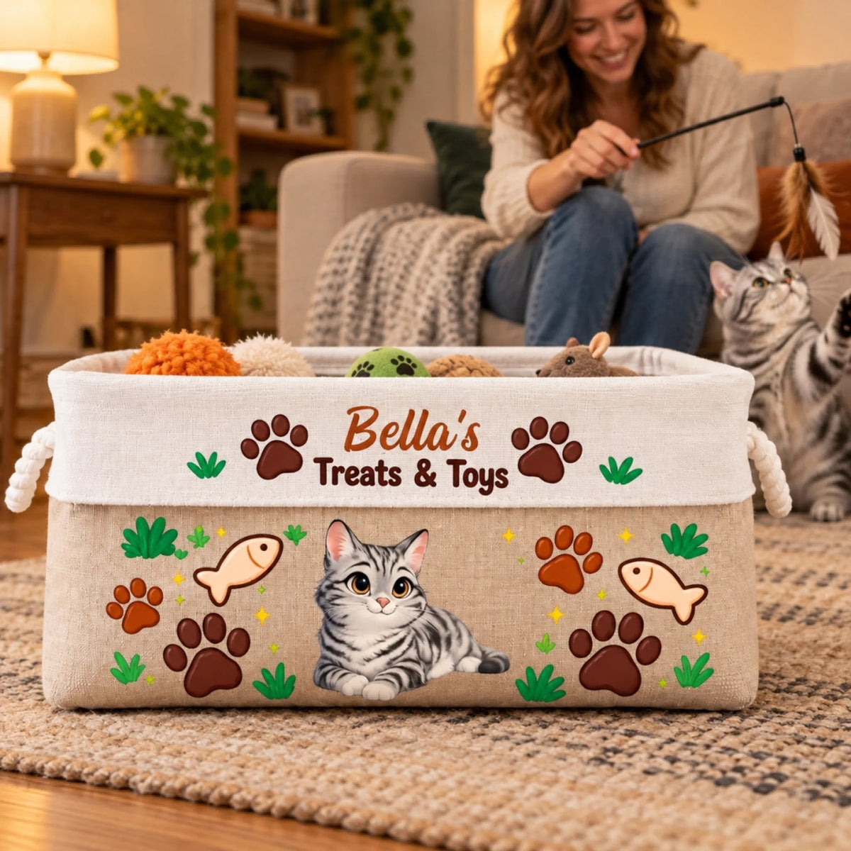 Custom Name Cat Treats and Toys Gifts for Cat Lovers - Personalized Storage Basket