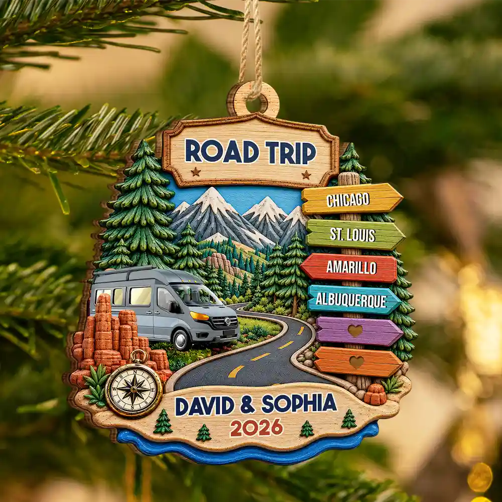 Road Trip Travel Gift For Couples, Family, Friends - Personalized Vacation Wooden Ornament