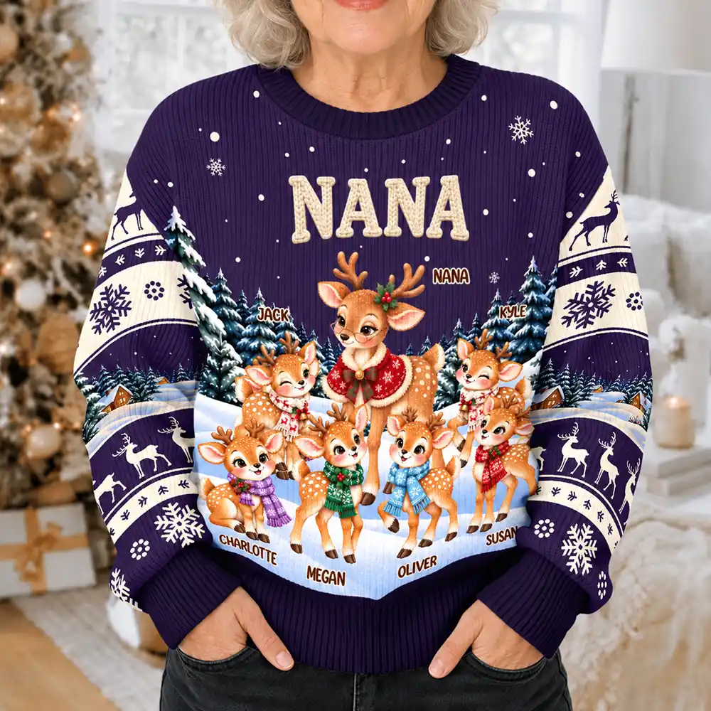 Christmas Gift For Grandma - Personalized Reindeer Grandkids Unisex Ugly Sweater