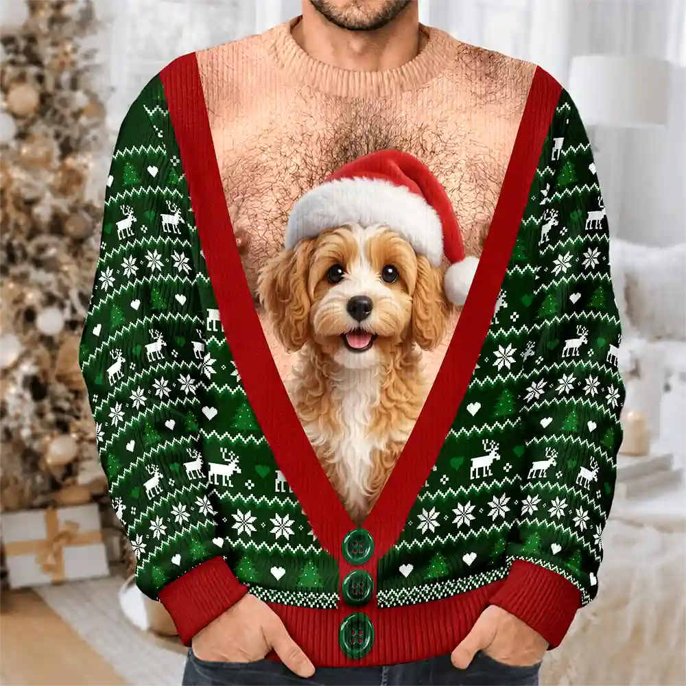 Christmas Gag Gift For Pet Dad - Personalized Custom Photo Pet Face Hairy Chest Abs Body Unisex Ugly Sweater