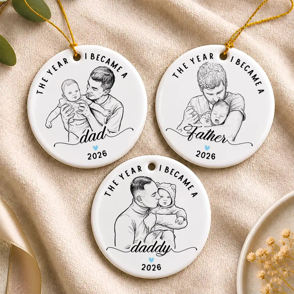 Christmas Gift For New Dad - Personalized Custom Photo Pencil Sketch The Year I Became A Daddy Circle Ceramic Ornament