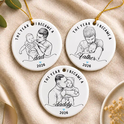 Christmas Gift For New Dad - Personalized Custom Photo Pencil Sketch The Year I Became A Daddy Circle Ceramic Ornament