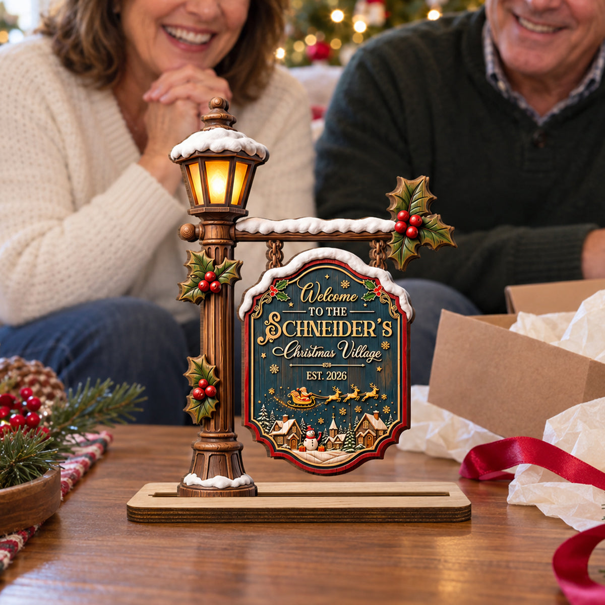 Christmas Lives In Our Village - Personalized 2-Layer Wood Plaque With Flat Base