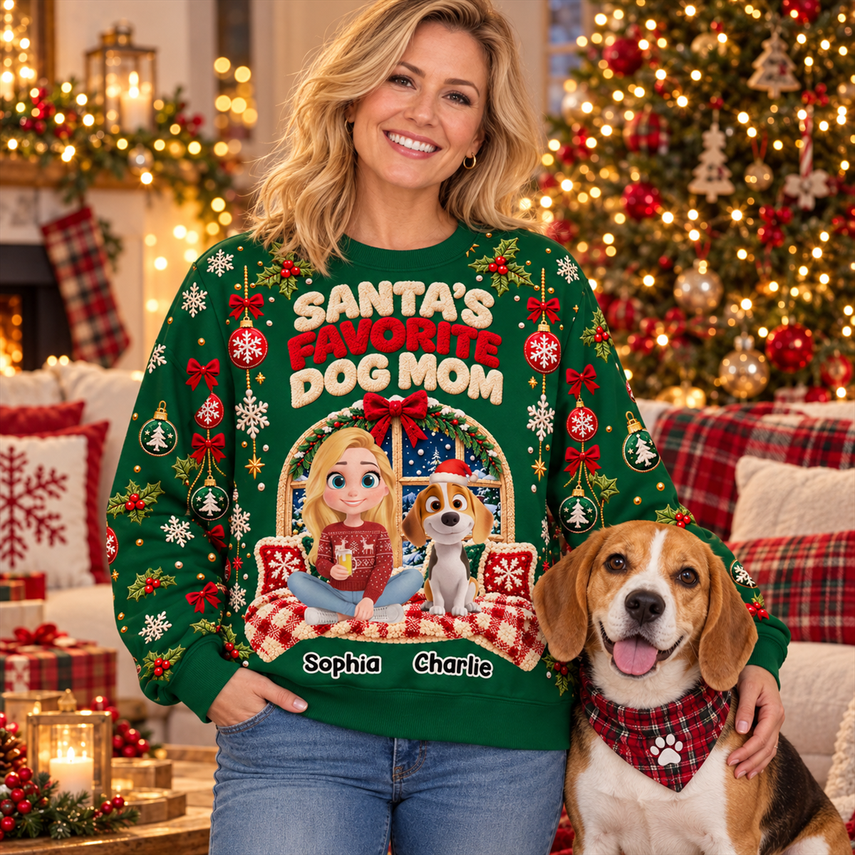 Custom Christmas Sweatshirt for Dog Mom, Dog Dad • Favorite Dog Mom - Personalized All-Over-Print Sweatshirt