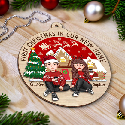 First Christmas In Our New Home Couple Sitting Personalized 2-Layer Wooden Ornament