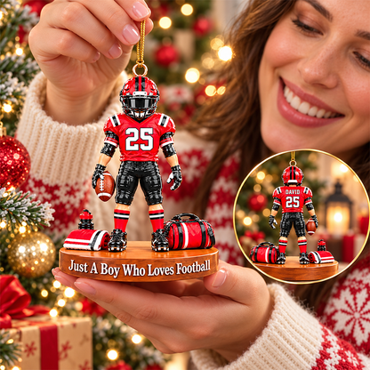 Luxury Personalized Football Player Christmas Ornament, Custom Name, Number & Uniform Colors, Just a Boy Who Loves Football Gift