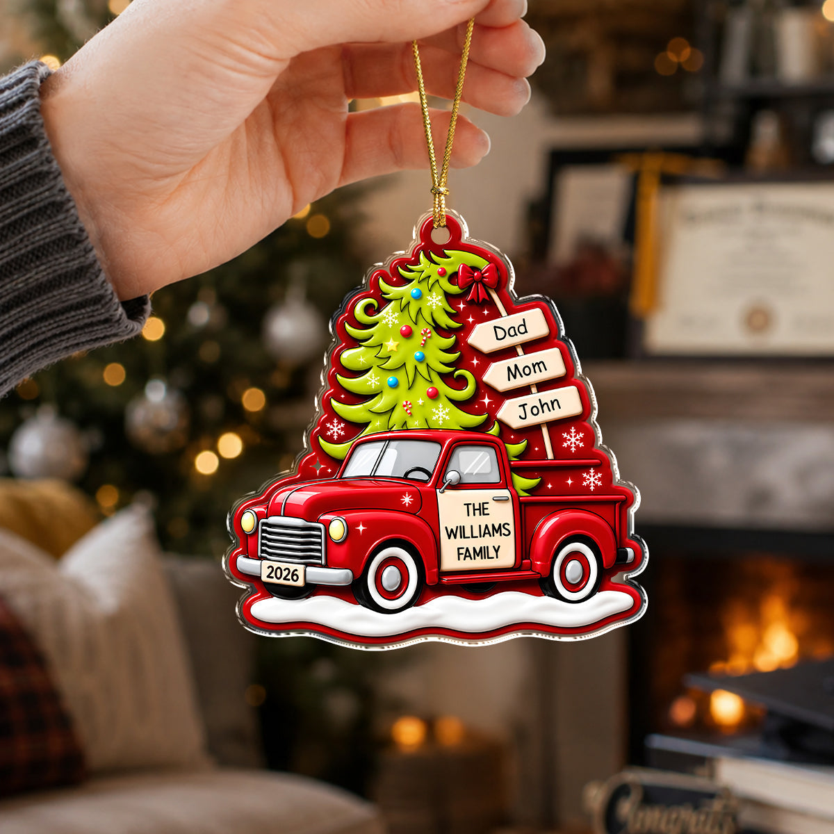 Custom Family Name Christmas Tree Red Truck Acrylic Ornament, Christmas Decoration for Families CH07 180740