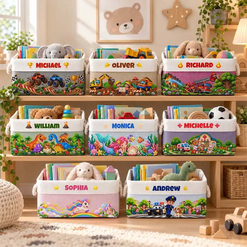 Gift For Kids Boys Girls - Personalized Name Pirate Dinosaur Unicorn Safari World Storage Basket