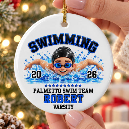 Swimming Boy Girl - Personalized Ceramic Ornament - Christmas Gift for Son Daughter Grandson Granddaughter