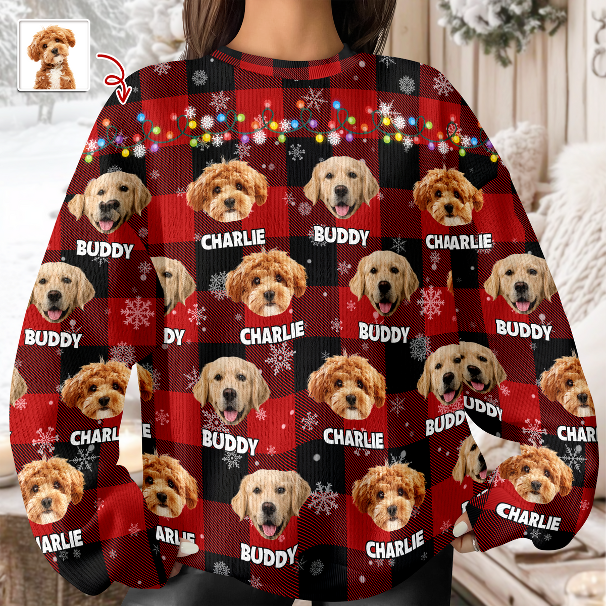 Custom Dog Photo Name Snow Christmas Light Holiday Ugly Sweater CH07 896368