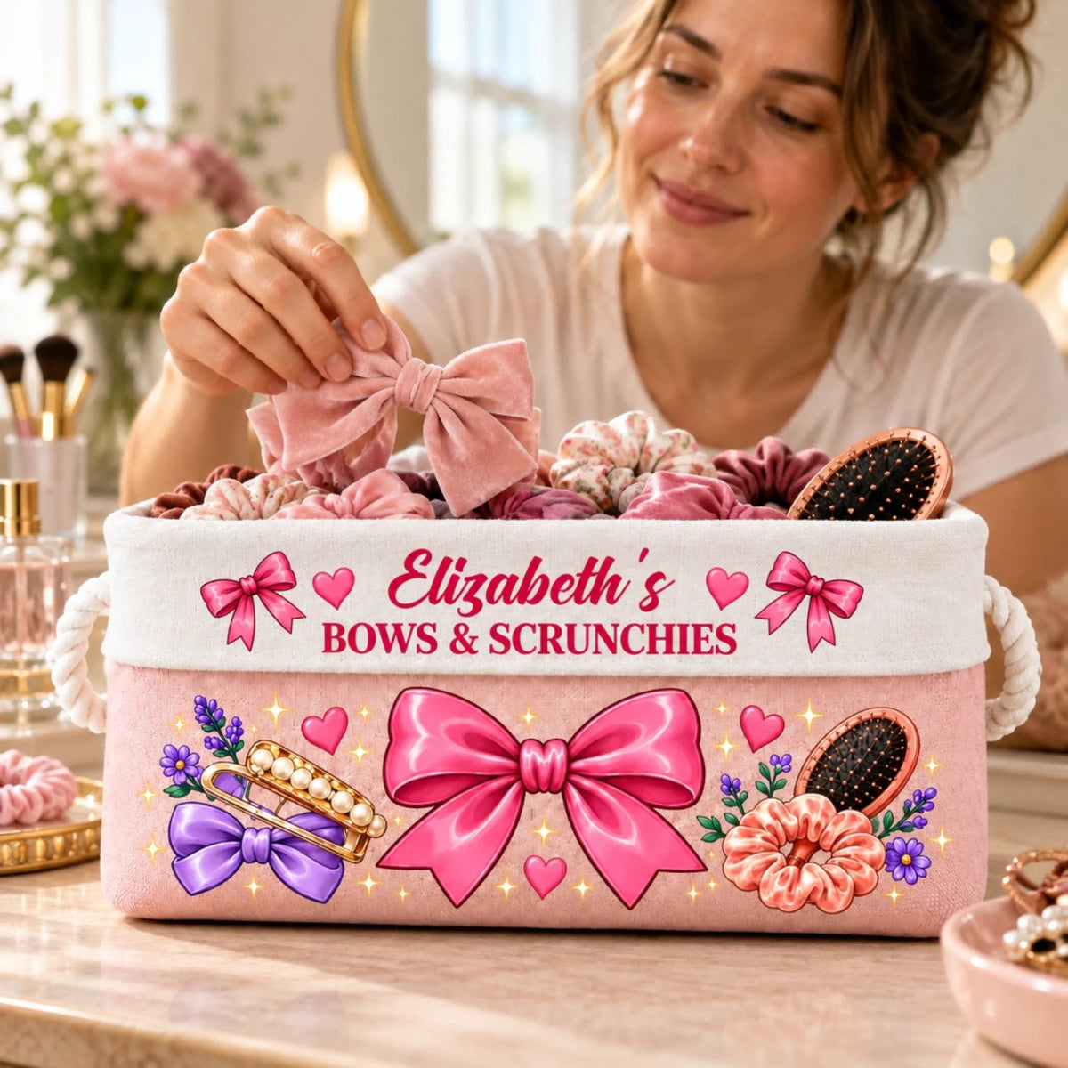 Custom Name Bows and Scrunchies Storage - Personalized Storage Basket