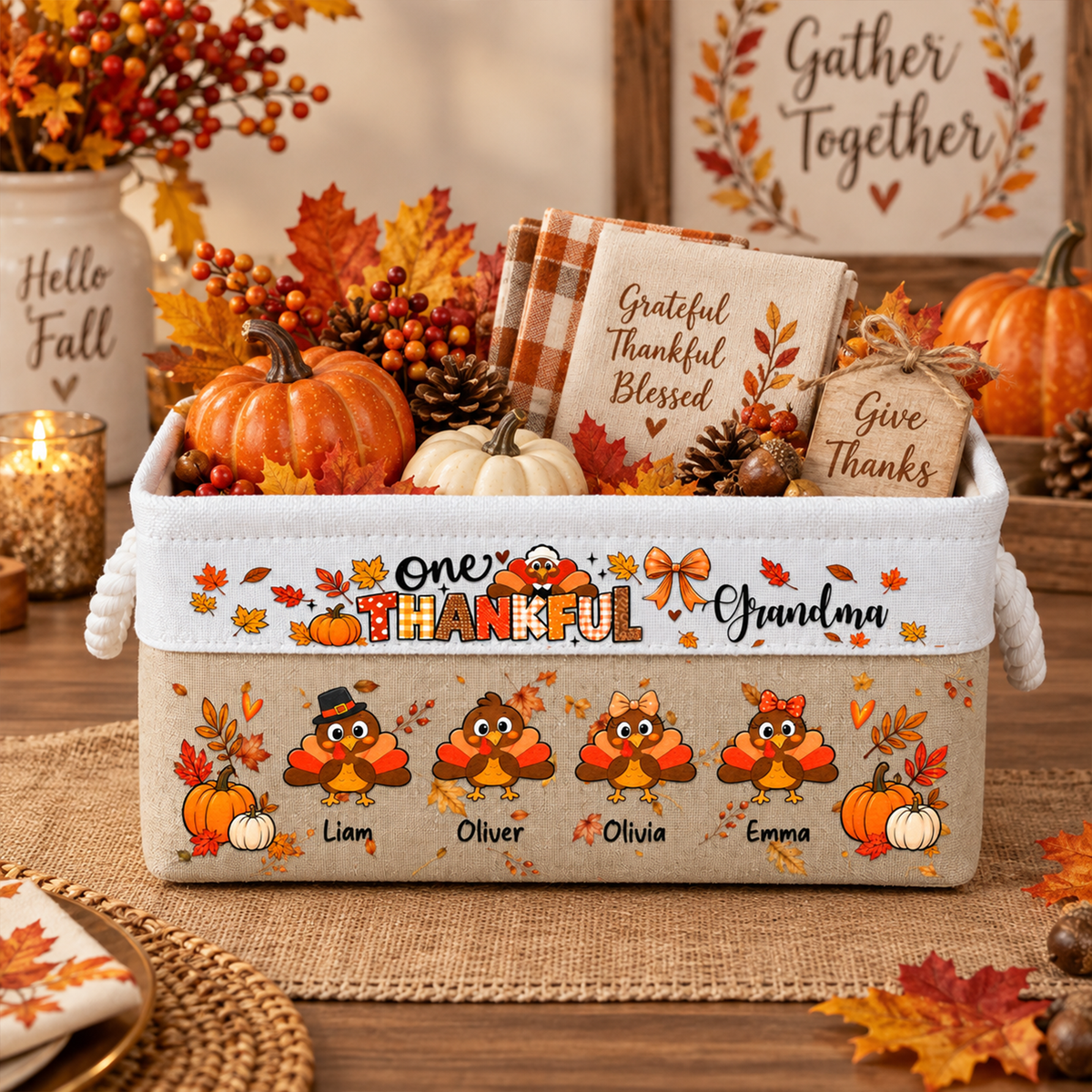 One Thankful Grandma Custom Grandkids Turkey - Thanksgiving Fall Season Decorations - Personalized Storage Basket