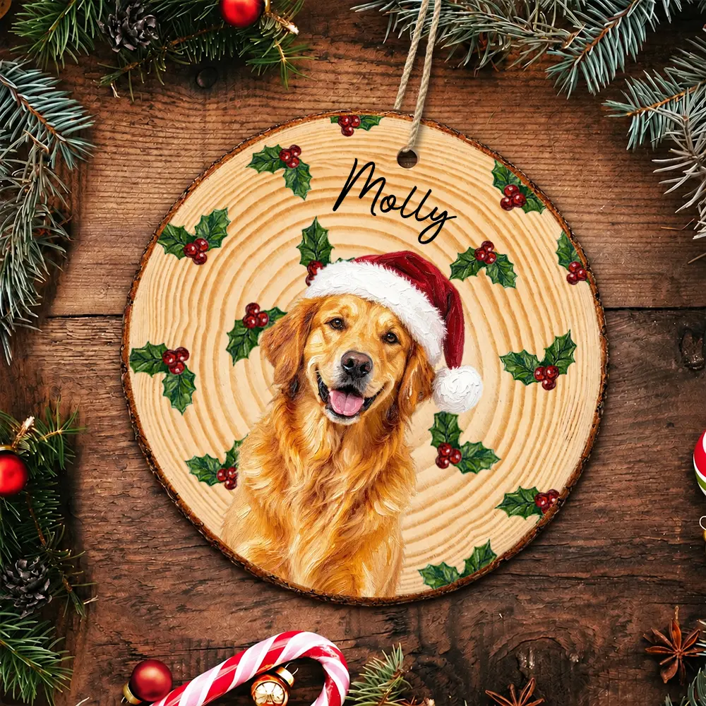 Christmas Gift For Dog Lovers - Personalized Custom Photo & Name Pet Dog Portrait With Holly Snowflake Poinsettia Wood Slice Ornament
