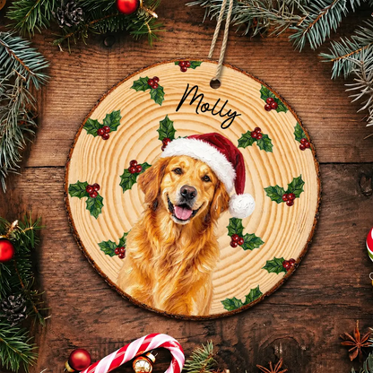 Christmas Gift For Dog Lovers - Personalized Custom Photo & Name Pet Dog Portrait With Holly Snowflake Poinsettia Wood Slice Ornament