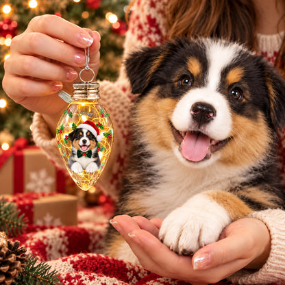 Custom Photo & Name Pet Dog Portrait With Holly Snowflake Poinsettia Chili Bulb LED Light HO82 904080