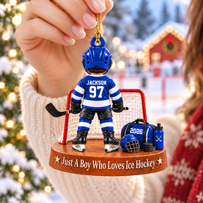 Custom Just A Boy Who Loves Ice Hockey Ornament, Christmas Tree Decoration, Hockey Gift L0411