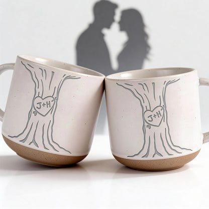 Couple Name Initials Engraved In A Heart Tree - Personalized Pottery Mug - Valentine's Day, Anniversary, Engagement Gift