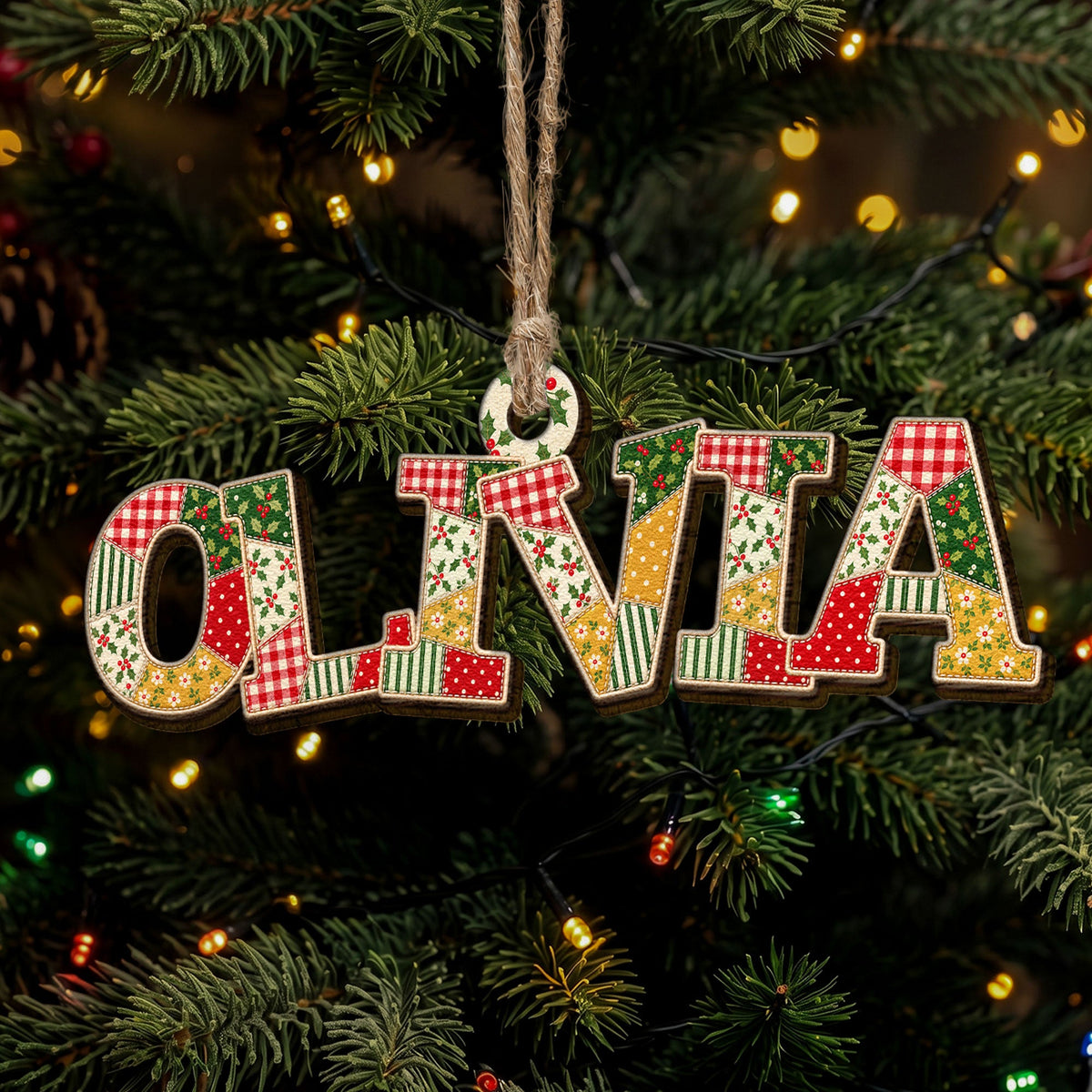Patchwork Print Christmas Theme With Name - Personalized Ornament