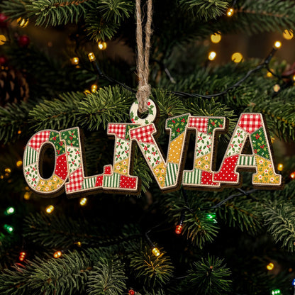 Patchwork Print Christmas Theme With Name - Personalized Ornament