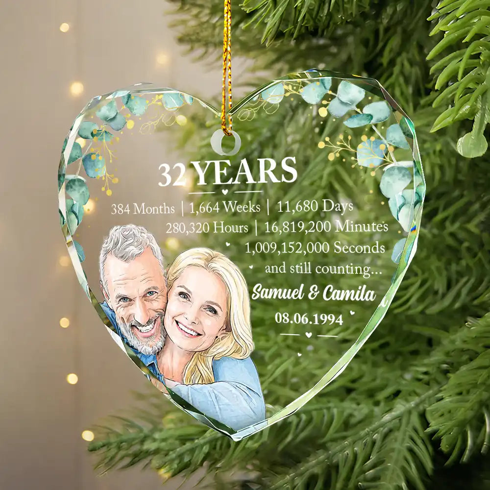 Anniversary Gift For Couples - Personalized Custom Photo Watercolor Names Year Counting Time Together Glass Ornament