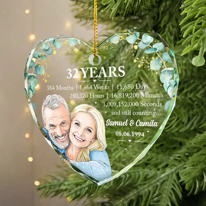 Anniversary Gift For Couples - Personalized Custom Photo Watercolor Names Year Counting Time Together Glass Ornament